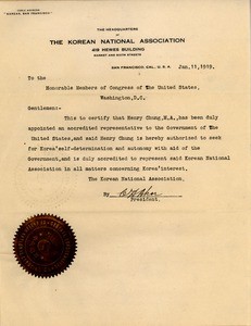 Henry Chung's appointment as the Korean National Association's representative to the United States