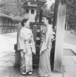 Two Japanese women in kimonos