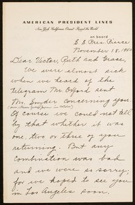 Anna Mae Lewis, letter, 1940.11.18, S.S. President Pierce, to Victor Wellington Peters, Hahn Heung "Ruth" Peters, and Young Eun "Grace" Peters