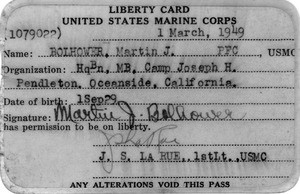 Martin J. Bolhower's USMC liberty card