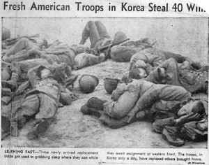 "Fresh American Troops in Korea Steal 40 Winks" (AP wire photo)