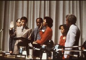 Governor Jerry Brown swearing in Yvonne Brathwaite Burke, 1979