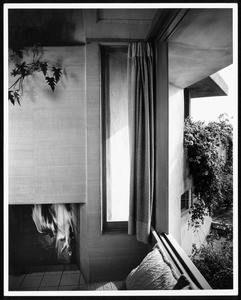 Interior and exterior view of the Falk Apartments, Los Angeles, 1939-1940