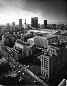 Birdseye view showing the Times Building and an intersection of First Street and Spring Street, Los ANgeles, after 1948