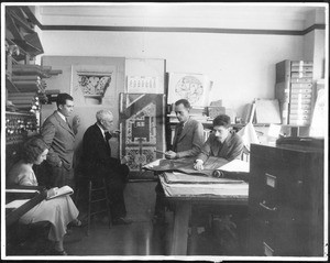 Doheny Library architects at work (Samuel Lunden, 2nd from right), early 1930s