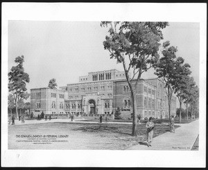 Drawing of the facade of Doheny Library, 1931