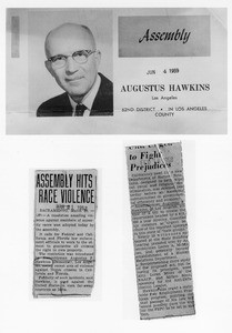 California 62nd District (Los Angeles) Assemblyman Augustus Hawkins and two newspaper clippings on race relations