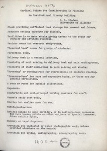 Cardinal points for consideration in planning an institutional library building, ca.1930