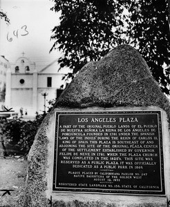 View of landmark plaque in the Los Angeles Plaza, 1961