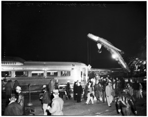 Santa Fe train wreck on Washington Blvd. (photos at scene of wreck), 1956