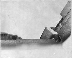 A cornice stone loose on the 14th floor of the Hall of Records, 1942