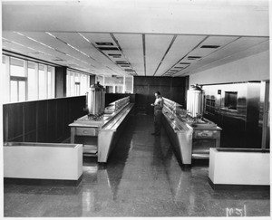 Parallel food counters in the cafeteria of the new Los Angeles County Courthouse, 1959