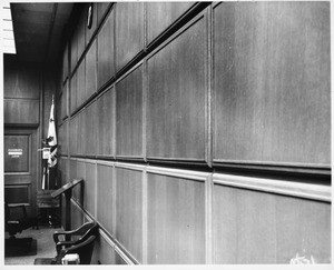 Closeup of costly courtroom rift-sawn white oak paneling which cost nearly $1,000,000, 1959