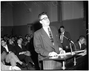 Board of Education hearing on Donald Weiss, teacher at Robert Stephenson Junior High School (Communism), 1956