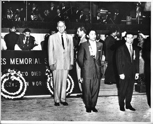 Morton Moss introducing two fighters at Los Angeles Memorial Sports Arena dedication, 1959