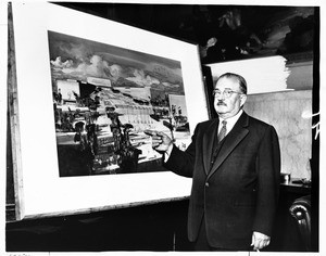 Arthur J. Will showing sketch of proposed Los Angeles Civic Center Mall, 1954