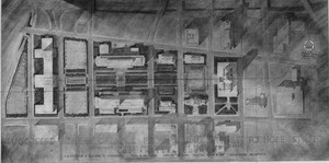 Architectural sketch of the suggested scheme of mall from Spring Street to Hope Street, 1956