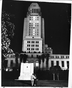 Traditional Yule cross formed by lights in City Hall on Christmas Eve, 1953