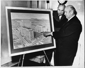 Stanton and Jessup with plan for Los Angeles City Hall, 1952