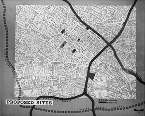 Various proposed sites for central transportation terminal facilities are drawn on this map of downtown Los Angeles