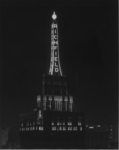 146-foot tower sign atop the Richfield Building, 6th & Flower St., Los Angeles, 1955