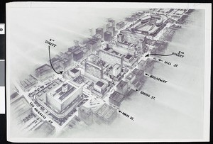 Architectural sketch depicting a city block in Downtown Los Angeles