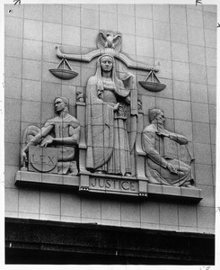 The symbol of justice adorns the new Los Angeles County Courthouse, 1957