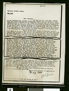 Letter, Bureau International Deorganization, to National Student League, 20 Oct. 1933