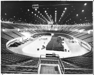 Interior of Los Angeles Memorial Sports Arena being readied for DNC, 1960