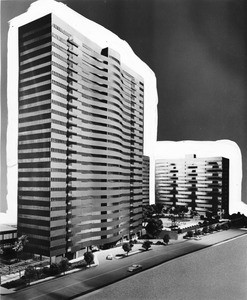 Barrington Plaza, luxury apartment project under construction, West Los Angeles, 1961