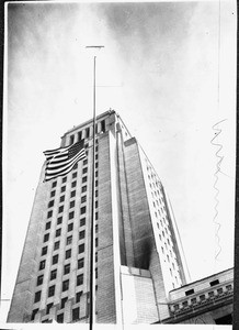 Los Angeles City Hall flag at half-staff in honor of the passing of King George V, 1936