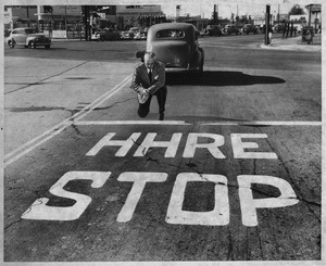 White letters four feet high "advertise" spelling error on street, Los Angeles, 1949