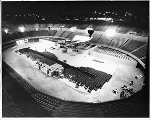 Overhead view of floor of Los Angeles Memorial Sports Arena in preparation for DNC, 1960