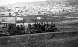 Russian engine and flat cars, just outside of Vladivostok