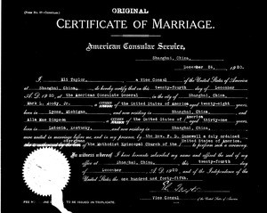 Alla Mae Simpson and Mark L. Moody certificate of marriage, Shanghai