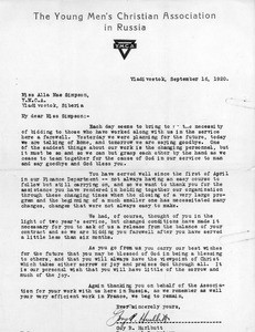 Letter from Guy R. Hurlbutt to Alla Mae Simpson releasing her from YMCA service in Vladivostok