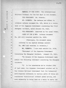 Defense testimony justifying the Japanese attack on Shanghai in 1932