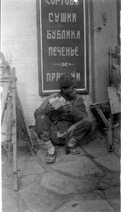 Collie eating bread in Vladivostok