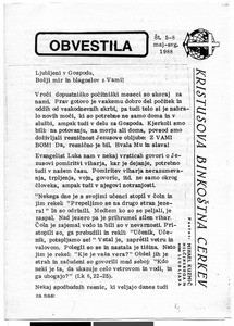 Christ's Pentecostal Church Ljubljana, Bulletin, May to August, 1988