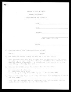 Questionnaire for licensing, COGIC, 1987