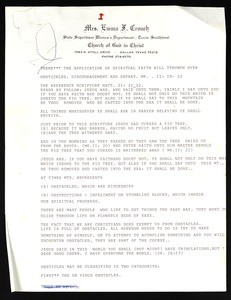 "The application of spiritual faith will triumph over obstacles, discouragement and defeat", and, "God, family and church", notes for two sermons