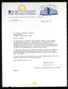 Wilson (Holmes County Bank and Trust Company), letter, 1974, to Mallory (Saints College)
