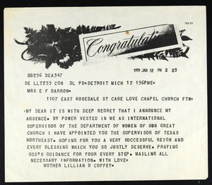 Coffey, telegram, 1959, to Barron