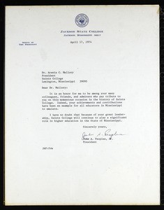 Peoples (Jackson State College), letter, 1974, to Mallory (Saints College)