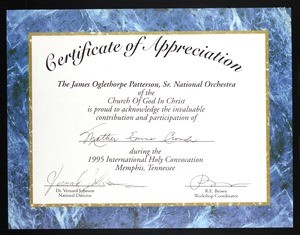 Certificate of appreciation, Emma F. Crouch, COGIC, 1995