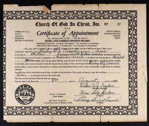 COGIC certificate of appointment re B.J. Crouch, Dallas, 1955