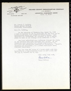 Cothran (Holmes County Broadcasting Company), letter, 1974, to Mallory (Saints College)