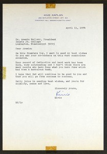 Kaplan, letter, 1974, to Mallory (Saints College)