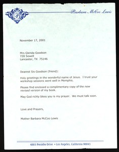 Lewis, letter, 2001, to Goodson