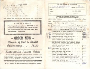 Order Form (Flucker) requesting Sunday School Literature from D.J. Young Publishing Company, 1970 July 14